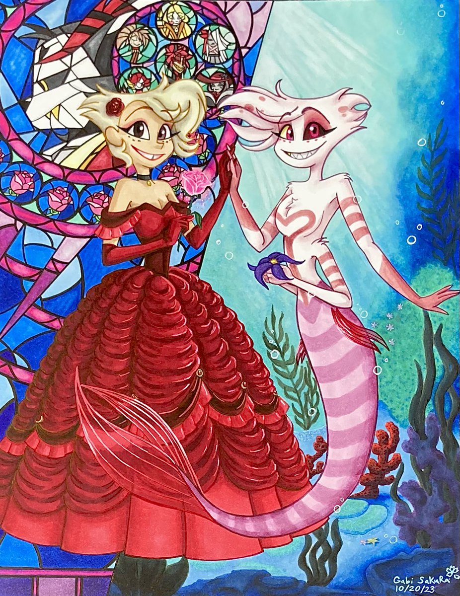 SMS_GabiSaKuRa's tweet photo. It took me me longer than I wanted, but I finally got it done. This drawing is based on @disneydork1928 audio drama ‘Anthony and the Beast’. I also added the ‘Little Mermaid’ that she is currently working on. Hope you like it, dear. #HazbinHotel #copic #HazbinHotelAngelDust https://t.co/YlKzUu3JMA