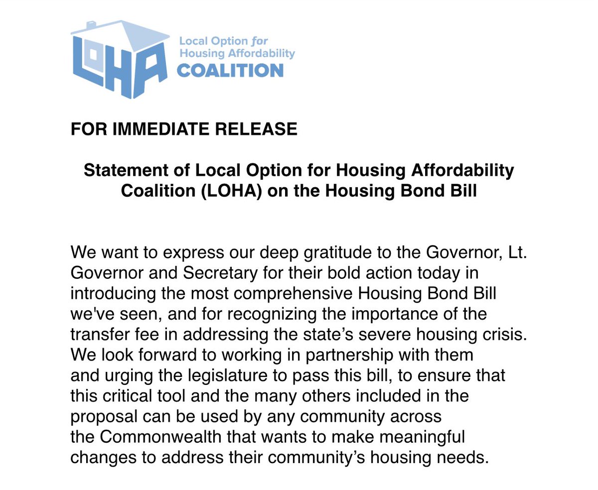 The Transfer Fee is a critical tool in solving our housing crisis. We thank <a href="/MassGovernor/">Governor Maura Healey</a> <a href="/MassLtGov/">Lt. Governor Kim Driscoll</a> for recognizing this and we look forward to working with them to make the transfer fee a reality. 

Full statement here: