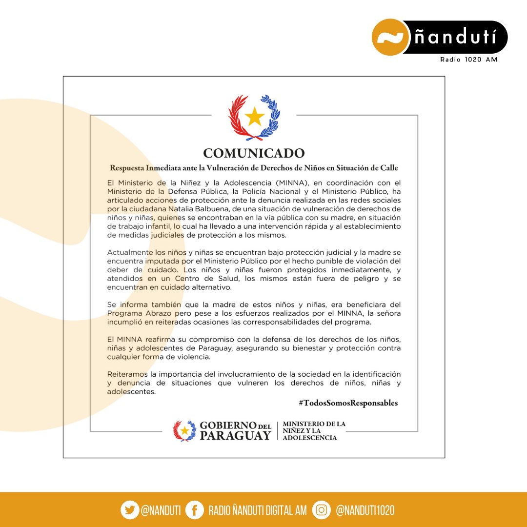 nanduti's tweet photo. #Nacionales | El @MINNAParaguay comunica su respuesta ante denuncia por vulneración de derechos de niños en situación, realizada por la influencer Natty Balbuena

Los niños se encuentran bajo protección judicial y la madre fue imputada por el @MinPublicoPy 

#1020AM https://t.co/fjRHFBeaBd