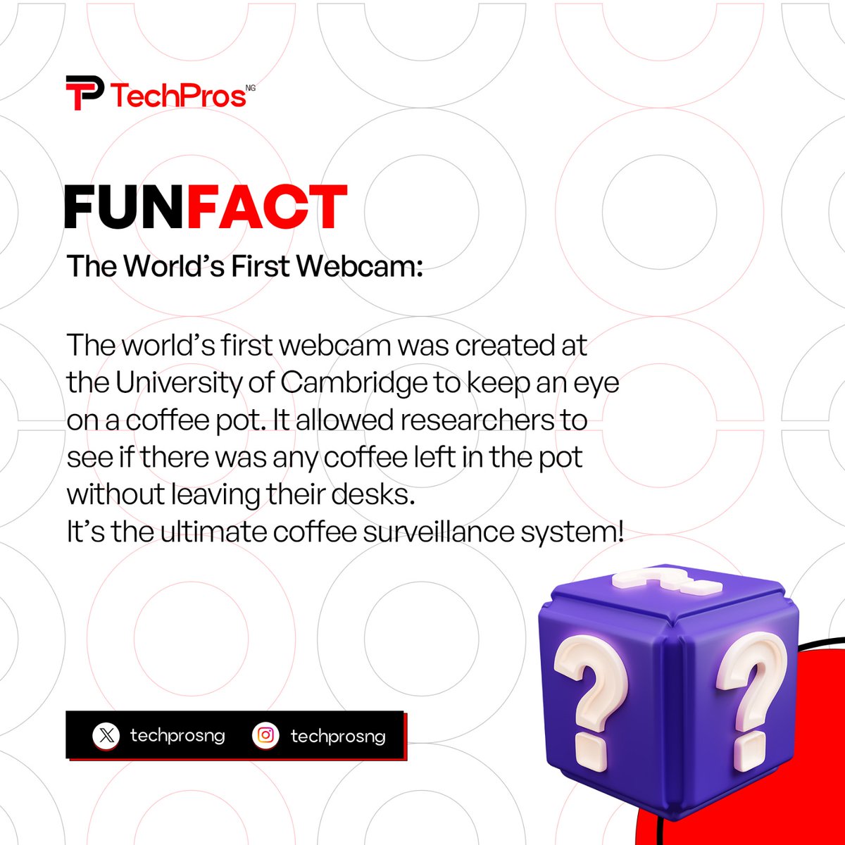 TechProsNaija's tweet image. Check out this fun fact you probably didn’t know about👇

Cambridge&apos;s groundbreaking creation, the world&apos;s first webcam, watched over a humble coffee pot!📷☕️

#TechProsNG #techfacts #funfacts #webcam #programming #techhistory