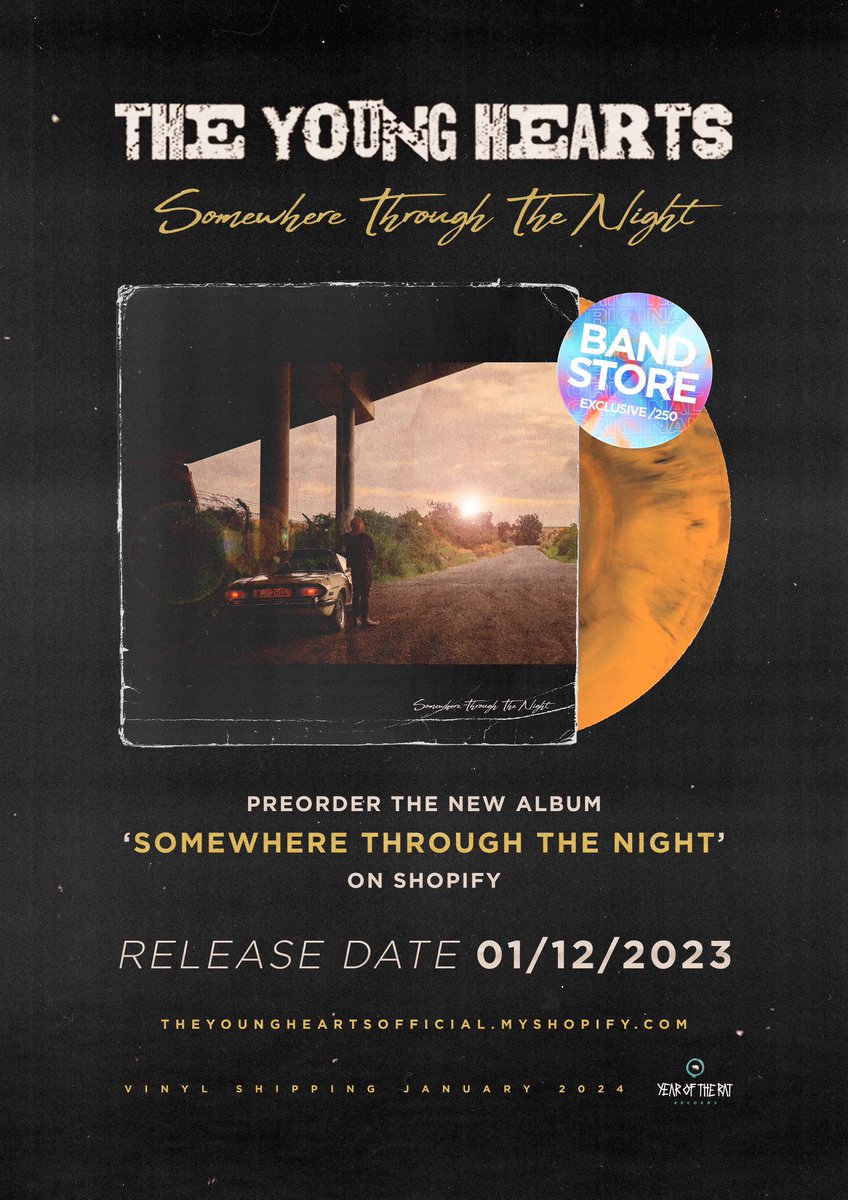 We are so pleased to announce, that our second full length album, ‘Somewhere Through The Night’ will be available everywhere on December 1st 2023.

Written throughout all the highs and lows of the last three years.

Pre order your copy now! 

theyoungheartsofficial.myshopify.com/?fbclid=PAAaZk…
