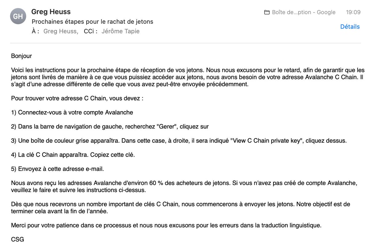 🚨 Alerte Générale pour les tokens de l'<a href="/EBPLO/">EBPLO</a>  !!!!
Ne surtout pas communiquer sa clé privée en retour de mail !!!! C'est comme donner la clé de son coffre fort !!!

C'est parti pour la suite de l'enquête ...👀

cc <a href="/JeanFauret/">Jean Fauret</a> <a href="/jeremylebescont/">Jérémy</a> <a href="/lospeones64/">LOS PEONES</a>
