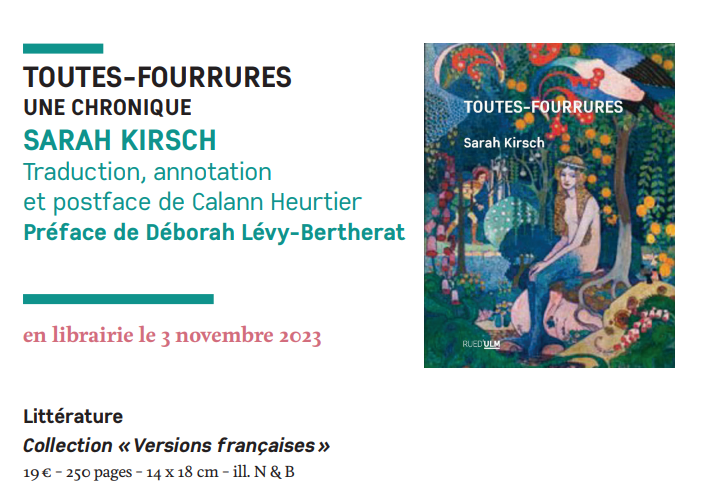 YotiRex's tweet image. J’ai la joie de vous annoncer la parution prochaine de ma traduction d'un récit de Sarah Kirsch : Toutes-Fourrures ! Ce beau texte explore le quotidien et les métamorphoses de l'autrice, avec sensibilité, ironie et mélancolie. Pour plus d'informations : presses.ens.psl.eu/toutes-fourrur…