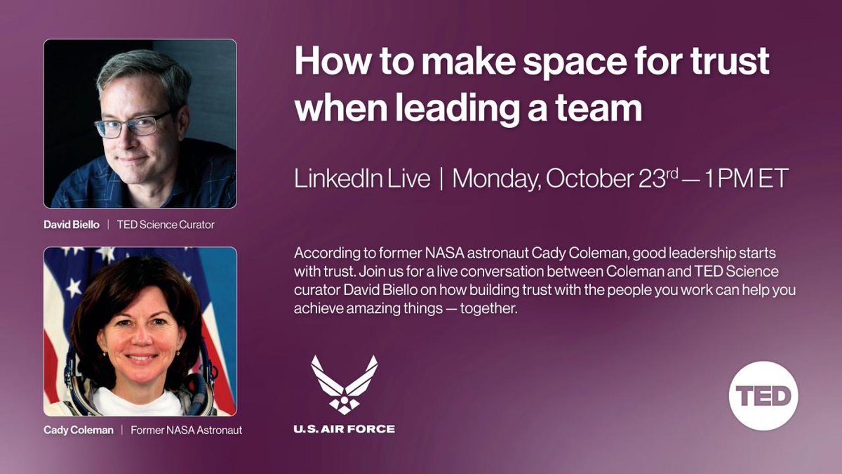 I'm happy to share that I'll be speaking at How to Make Space for Trust When Leading a Team! Make sure to attend it on October 23. linkedin.com/events/howtoma… 
<a href="/TEDTalks/">TED Talks</a> <a href="/dbiello/">David Biello</a> <a href="/LinkedIn/">LinkedIn</a>