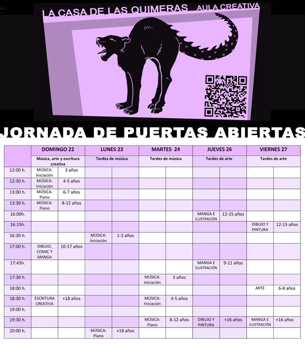 MariaEspejo_I's tweet photo. Jornadas de puertas abiertas en la Casa de las Quimeras (Madrid).
Ven a conocer nuestro centro . Participa en nuestros cursos de muestra (dibujo, pintura, manga, música, piano, escritura...) y recibe descuentos. 
Del  22 al 27 de octubre
Apúntate por Whats App: 699 28 69 16 https://t.co/gAtDW1Ja8t