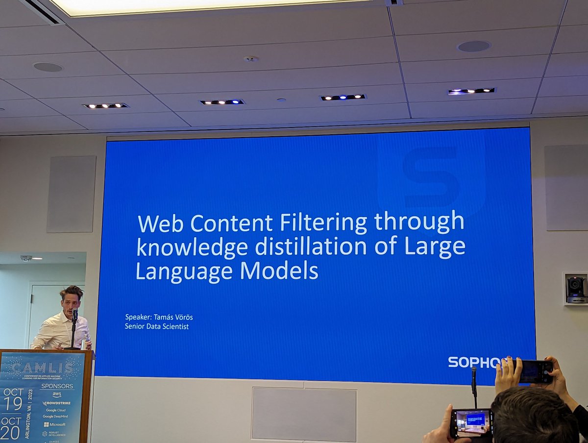 CamlisOrg's tweet photo. First talk of the session: "Web content filtering through knowledge distillation of Large Language Models" by Tamas Voros! https://t.co/YpSS697FTu