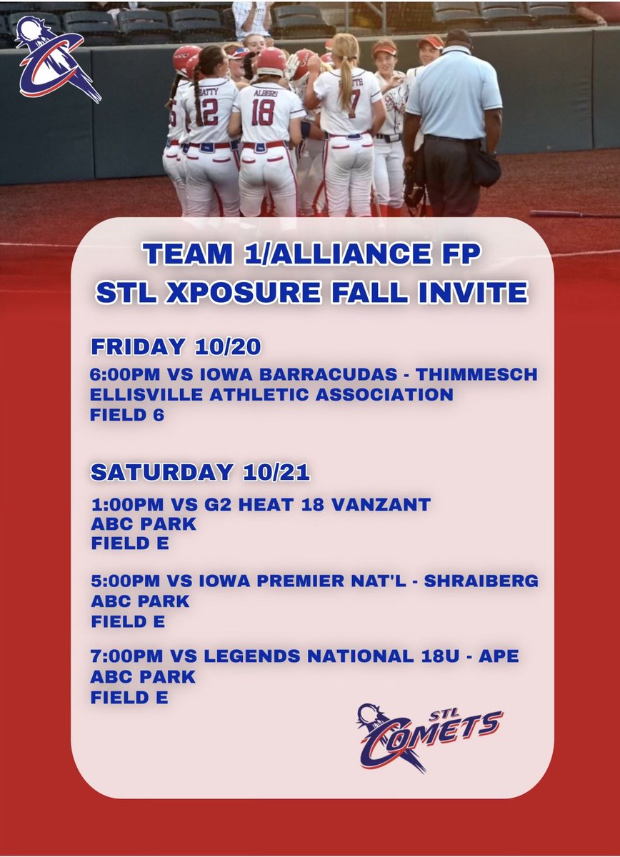 STL Comets 18U - Beatty (@stlcomets) on Twitter photo Looking forward to getting started with this group this weekend ⬇️⬇️⬇️ ☄️💪 <a href="/Team1_fastpitch/">Team 1 Fastpitch</a> <a href="/thealliancefp/">The Alliance Fastpitch</a> <a href="/HFLfastpitch/">Heart of America Fastpitch League | HFL</a> Looking forward to getting started with this group this weekend ⬇️⬇️⬇️ ☄️💪 <a href="/Team1_fastpitch/">Team 1 Fastpitch</a> <a href="/thealliancefp/">The Alliance Fastpitch</a> <a href="/HFLfastpitch/">Heart of America Fastpitch League | HFL</a>