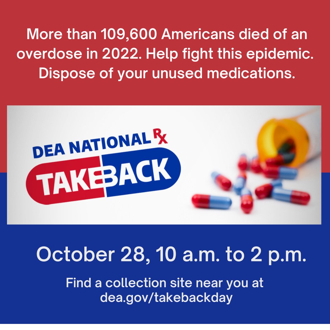 Take a few moments to clean out your medicine cabinets this weekend, so you're ready for next weekend's Take Back Day! Find a collection site near you at dea.gov/takebackday