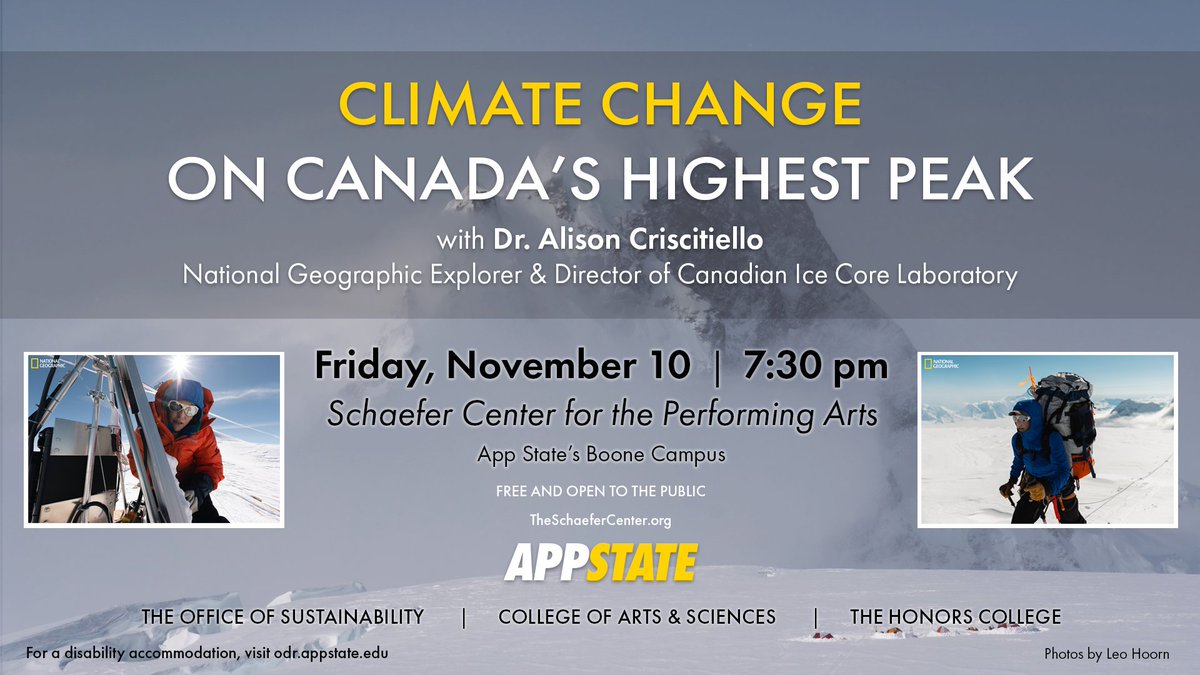 App State College of Arts and Sciences (@appstatecas) on Twitter photo What can glacier ice tell us about our past, present and future?
Find out at the keynote presentation by Dr. Alison Criscitello – a <a href="/NatGeo/">National Geographic</a> Explorer, glaciologist and literal mountaineer. Nov. 10 at 7:30 p.m in the Schaefer Center. What can glacier ice tell us about our past, present and future?
Find out at the keynote presentation by Dr. Alison Criscitello – a <a href="/NatGeo/">National Geographic</a> Explorer, glaciologist and literal mountaineer. Nov. 10 at 7:30 p.m in the Schaefer Center.