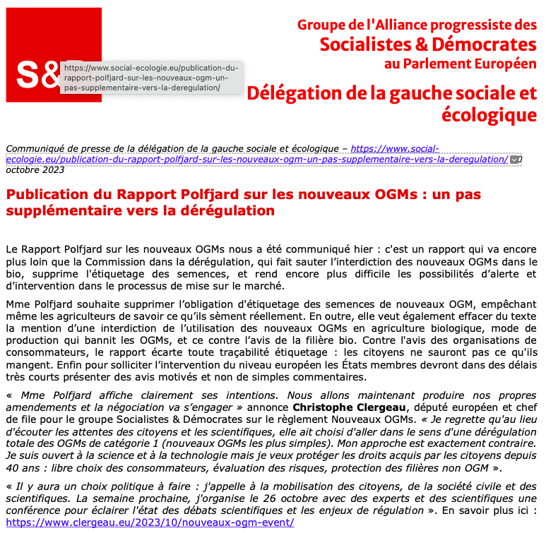 DSFEurope's tweet photo. Publication du Rapport #Polfjard sur les nouveaux #OGMs : un pas supplémentaire vers la dérégulation

Pour @clergeau "Il y aura un choix politique à faire : j'appelle à la mobilisation des citoyens, de la société civile et des scientifiques."

https://t.co/LKi4AspN2X https://t.co/dsVmnoGYkA