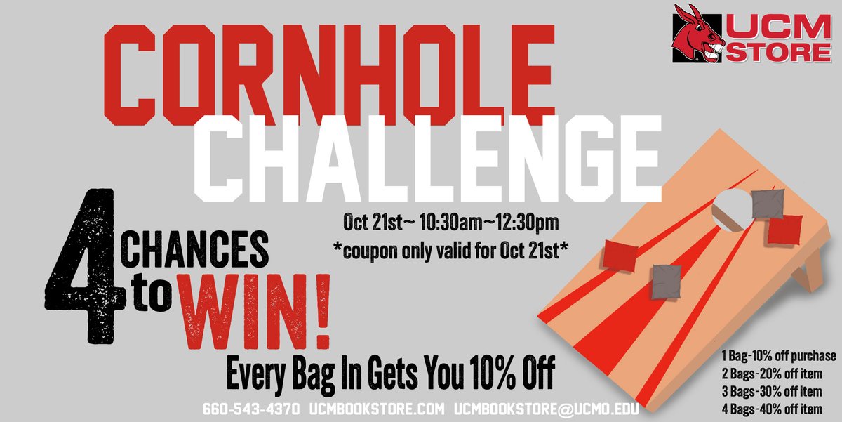 Join Us for Our Homecoming Cornhole Challenge! Stop by The University Store this Saturday, October 21st, from 10:30 a.m. until 12:30 p.m.
#mules #ucm #ucmhomecoming #shopUCMstore #homecoming2023