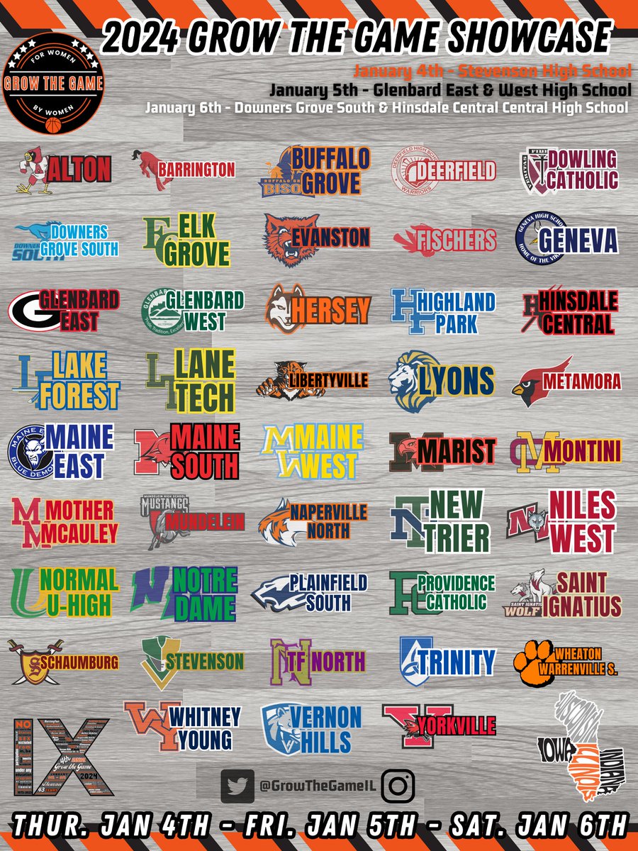 GrowTheGameIL's tweet photo. We are so excited to announce the 43 team field for the 2023-24 Grow the Game Showcase!!  

📅 January 4th, 5th &amp; 6th
📍Stevenson (1/4), Glenbard East &amp; West (1/5), Downers Grove South &amp; Hinsdale Central (1/6)
🗺️Teams from Illinois, Indiana, Iowa &amp; Wisconsin
⛹️‍♀️ 43 Teams https://t.co/8jkJgGkMMk