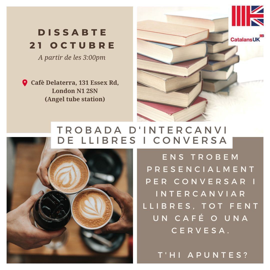 📚 🍺 ☕ Recordeu que demà ens trobem a Delaterra per fer la trobada de conversa i intercanvi de llibres, juntament amb les parelles lingüístiques. Tothom hi és benvingut! És una bon lloc per conèixer gent i passar una estona xerrant agradable. Ens hi veiem! ❤️