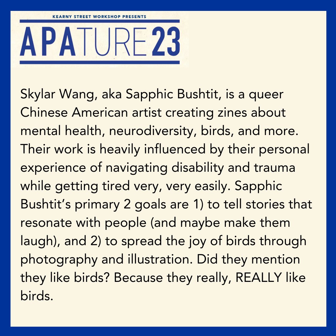 Our final showcase artist in Comics, Zines, & Illustration is zine creator, Skylar Wang, aka Sapphic Bushtit! Join us tomorrow (10/21) at Arc Gallery & Studios. No cover, register at the link in our bio!