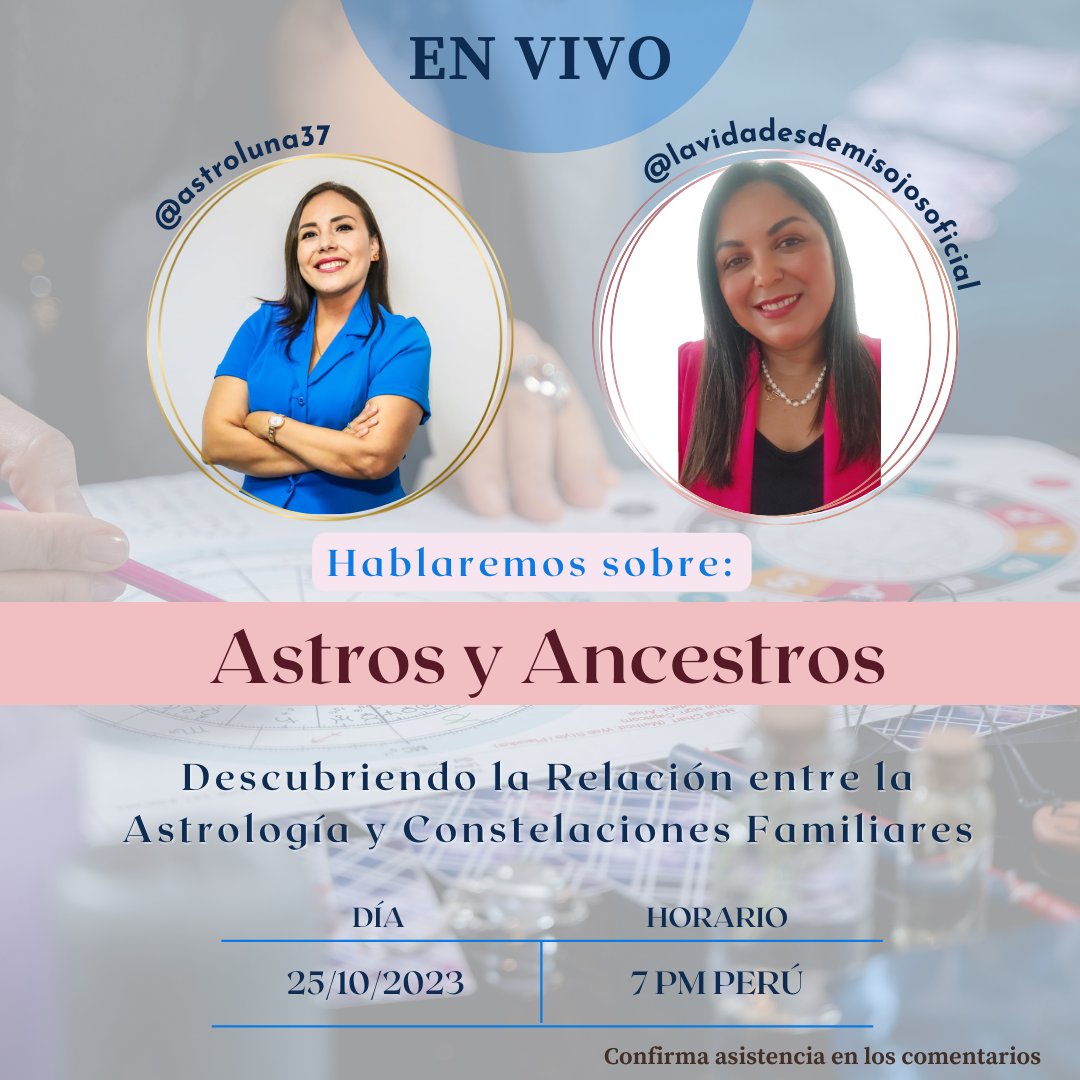 lavida_misojos's tweet photo. ¡No te pierdas nuestro próximo Live! 🌟
Únete a nosotras el miércoles 25 de octubre a las 7pm para una fascinante conversación con @astroluna37 Licett Hinostroza: Astróloga, Terapeuta Holística y Coach de Vida, mientras exploramos el increíble vínculo entre "Astros y Ancestros" https://t.co/qZnXvPN9VK