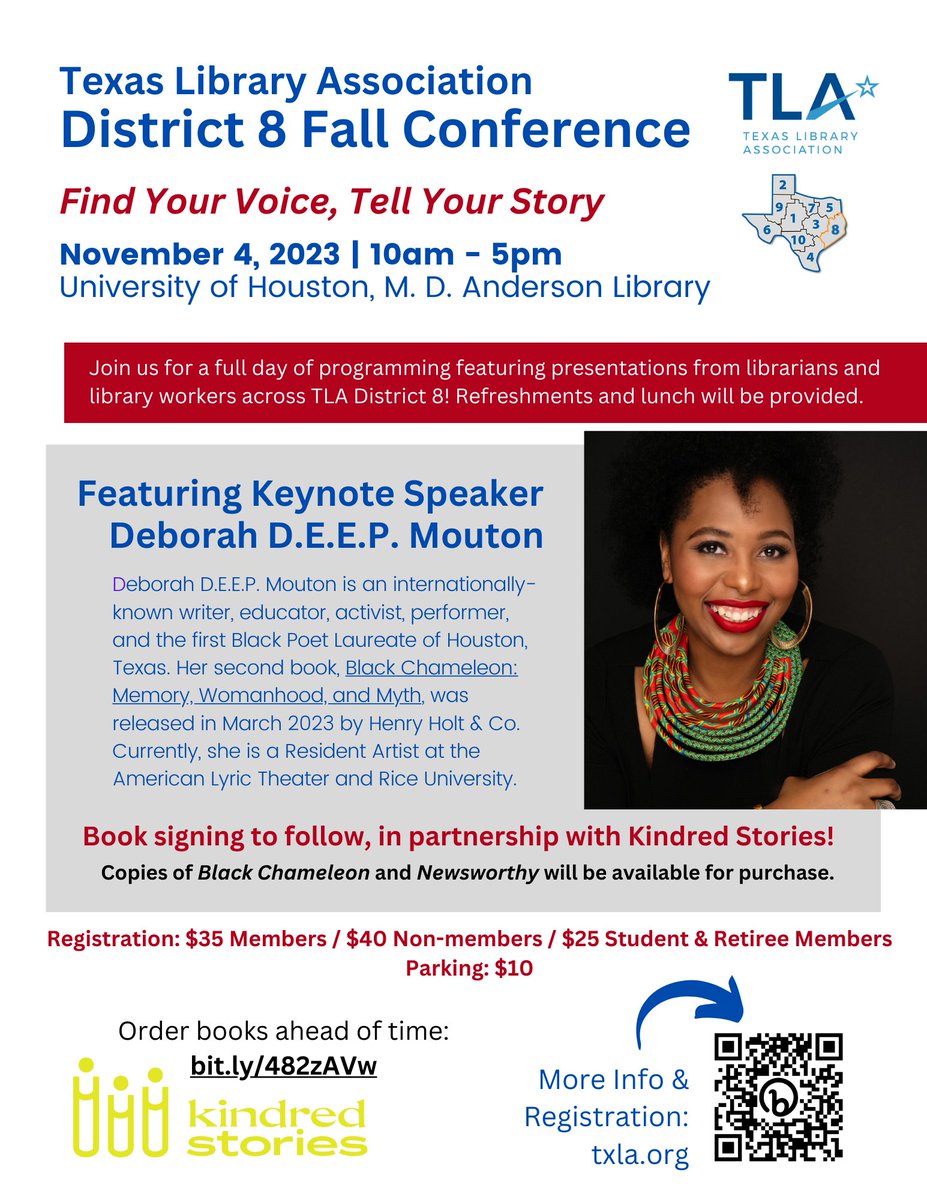 There is still time to register for Texas Library Association District 8 Fall Conference on Nov 4! We're excited to feature Deborah D.E.E.P. Mouton as our keynote speaker. Register by October 27! Visit txla.org/tla-groups/tla… to learn more!