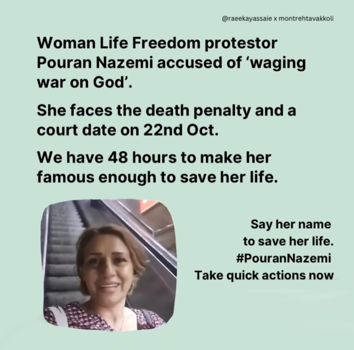 Mental_Image's tweet photo. The Islamic Republic has charged #PouranNazemi, a Woman Life Freedom protestor, with ‘waging a war against God’, which carries the death penalty. We have less than 48 hours to SAY HER NAME TO SAVE HER LIFE! https://t.co/sL095fMpQo