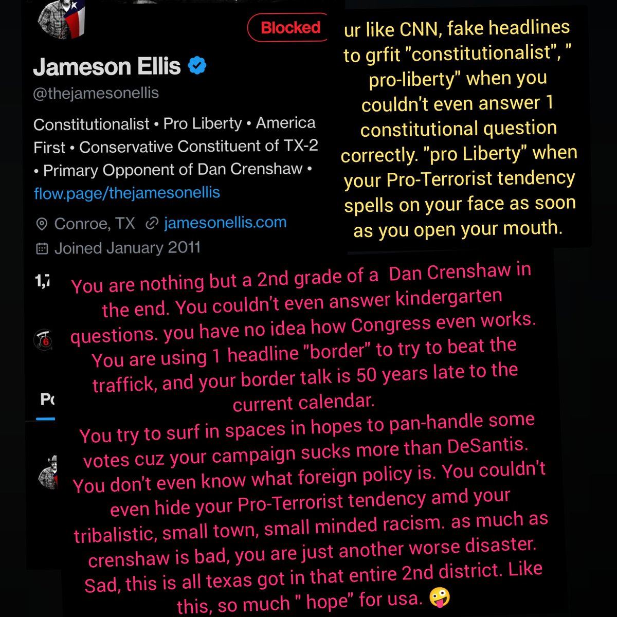 stillgiggle's tweet photo. #NoVotesForYou
A vote for you is like 2 more votes for McCain scumbags. You are nothing but a 2nd grade of a Dan Crenshaw in the end. You couldn't even answer kindergarten questions. you have no idea how Congress even works. You are using 1 headline "border" to try to beat the https://t.co/9HDnMEUXXj