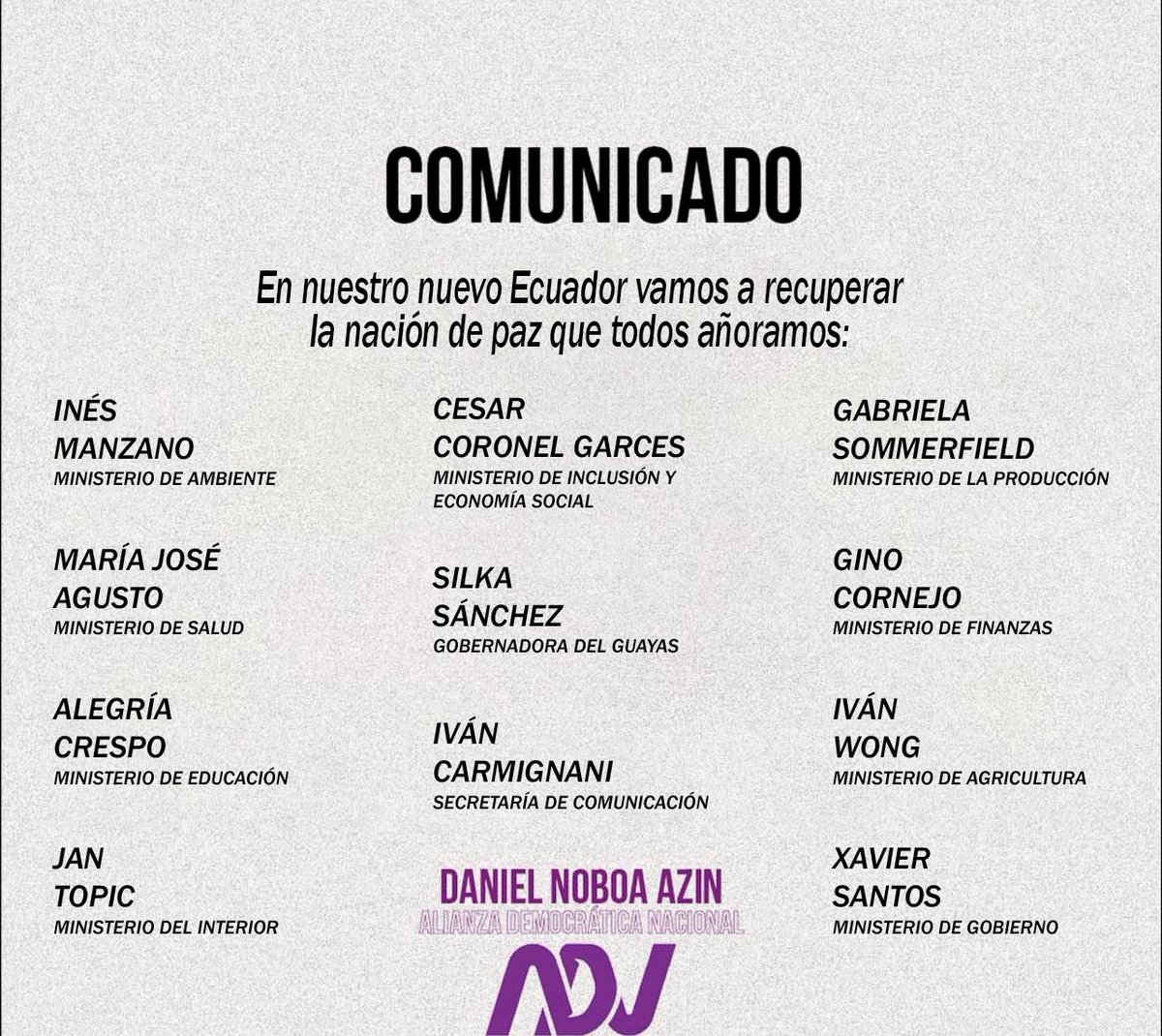 Michell01842886's tweet photo. Es oficial. Estos son los que trabajarán con el presidente electo @DanielNoboaOk  de #Ecuador https://t.co/CoS9VSlPo3