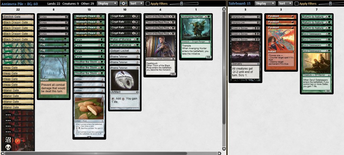 PR0boszczMTG's tweet photo. Hot take: If there is any chance for a new deck to emerge into metagame now, it's fog.

Prevent of combat damage is great vs Red, UW Affi, CawGates and U Terror. 

Now im trying to find best BG version, but there maybe is also good shell with white.

#mtgpauper https://t.co/ltH7LZZBdt