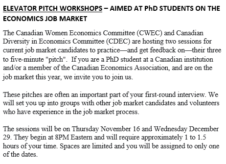 CdnWomenEcon's tweet photo. 📢📢ELEVATOR PITCH WORKSHOPS – AIMED AT PhD STUDENTS ON THE ECONOMICS JOB MARKET📢📢
Details below and register here: https://t.co/GvdbnW2n1A https://t.co/nMPU71C01a