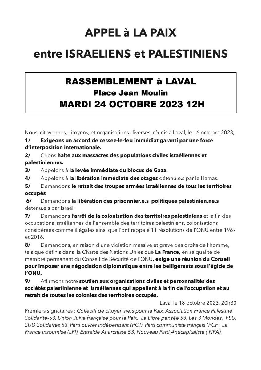 solidaires53's tweet photo. 🕊appel à la Paix 🛑stop aux massacres  #laval mardi 24 octobre 12h place Jean moulin https://t.co/IVgPWMfhud