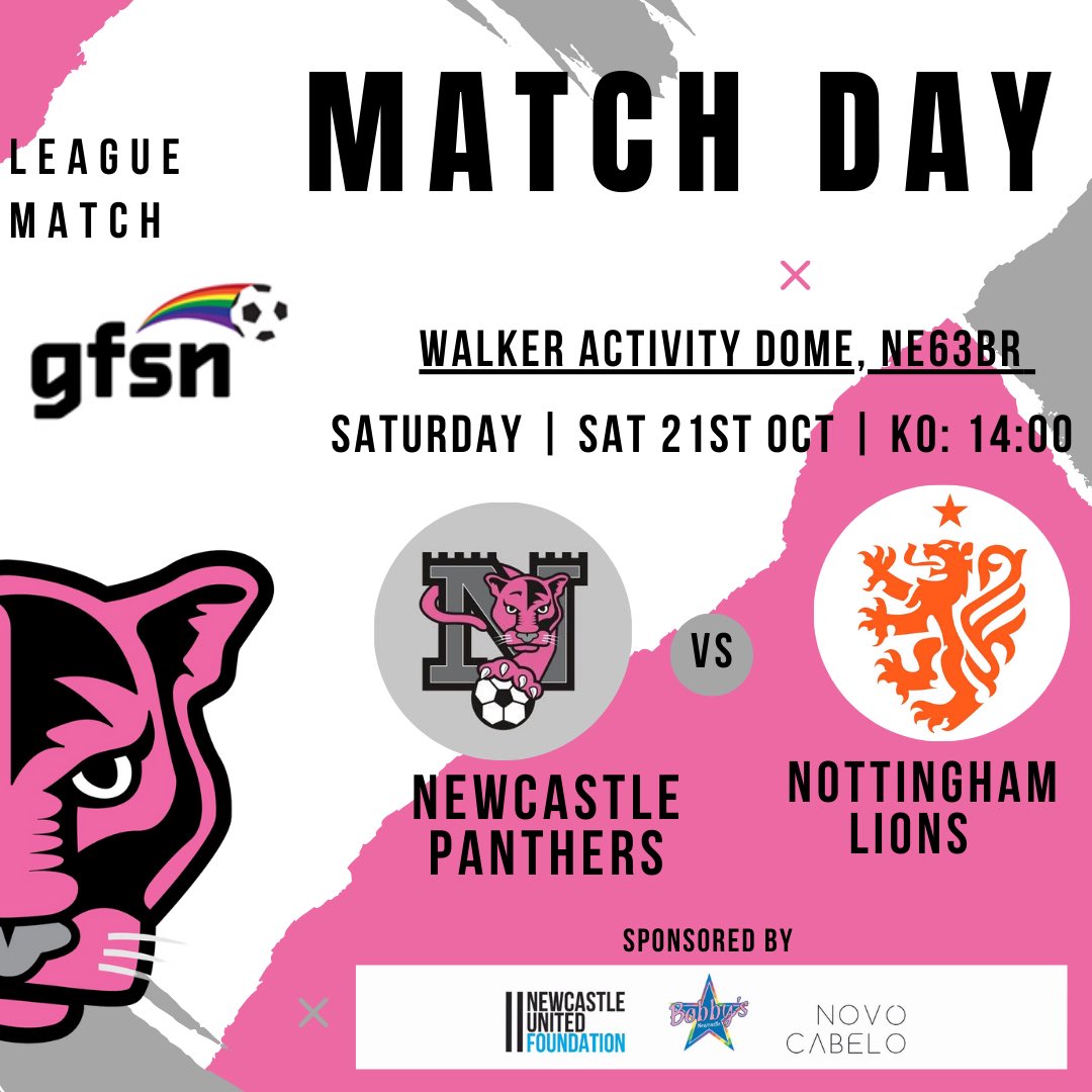 🖤🤍Match day tomorrow we take on @NottmLionsFC with a GFSN league match. Howay the Panthers 
Sponsored by @novocabelohair  @nucastle_ @BobbysBarHQ 

@gfsnUK  #cadent #lgbtfootball #footballforall #newcastle #gfsn