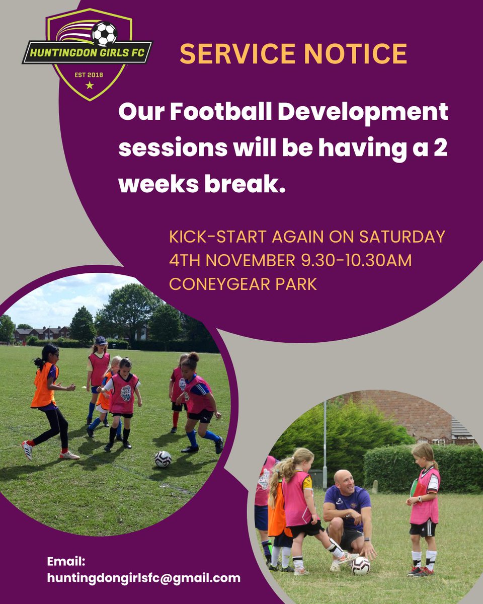 HuntsGirlsFC's tweet photo. Due to heavy rain fall 🌧 and half term holiday our football development sessions ⚽will be
having a 2 weeks break.

Worry not, as we'll be ready to kick-start the fun 🤩 on Saturday 4th November 09:30-10:30am Coneygear Park.

Have a great half term and we'll see you back then! https://t.co/LejT7HAfAh
