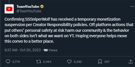 Don't think I've ever seen a Team YouTube official account do a both sides post like this before. No word on SSSniperWolf's multiple instances of sexualizing minors?