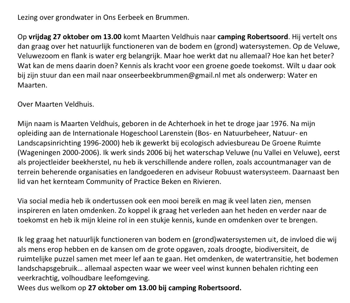 mveldhuis76's tweet photo. Vrijdag 27 okt 13u geef ik op camping Robertsoord te Eerbeek een presentatie over het veluwse (grond)#watersysteem, de uitdagingen en kansen! Over menselijke invloed, #klimaat, #sprengen, bos, #verdroging etc…Wil jij erbij zijn? Van harte welkom!
@ValleienVeluwe @OnsEerbeekBrumm https://t.co/nIZjNup8WY