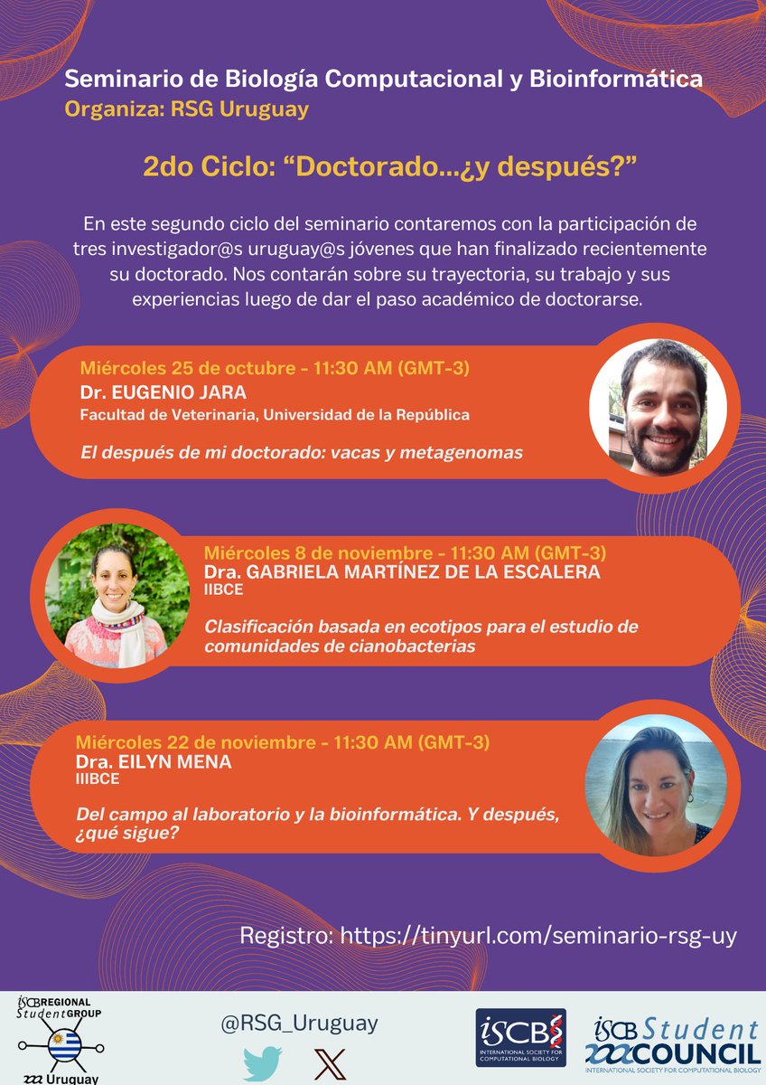 Este miércoles 25/10 11:30 AM (GMT-3) comienza el 2do ciclo del Seminario de Biología Computacional y Bioinformática organizado por RSG Uruguay!! Link: tinyurl.com/seminario-rsg-…