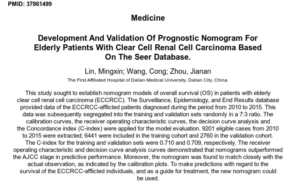 KidneyCancerBot's tweet photo. #20Oct2023

💡 New findings: Dive in! 🌟

New paper by Lin, M et al. in Medicine (https://t.co/0r24cWGbWH)

Title: Development and validation of prognostic nomogram for elderly patients with clear cell renal cell carcinoma based on the SEER database.

PMID: 37861499 &amp; Pubmed li… https://t.co/nkaZyiNZ9o
