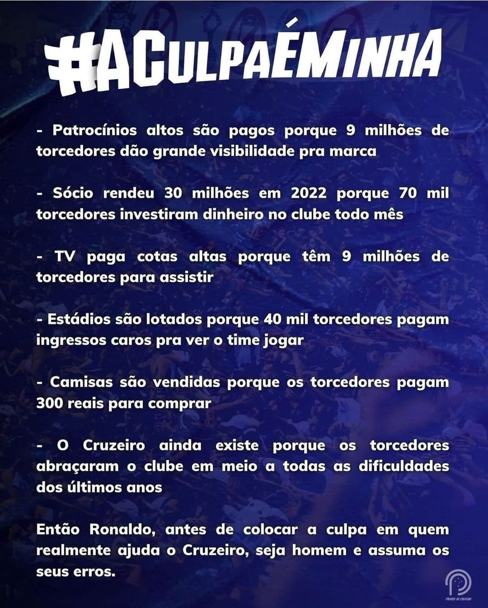 @Ronaldo @Cruzeiro a culpa deve ser nossa né? Ajudamos demais, abraçamos o time!! Enquanto você @Ronaldo só olha o seu bolso… Sem mais