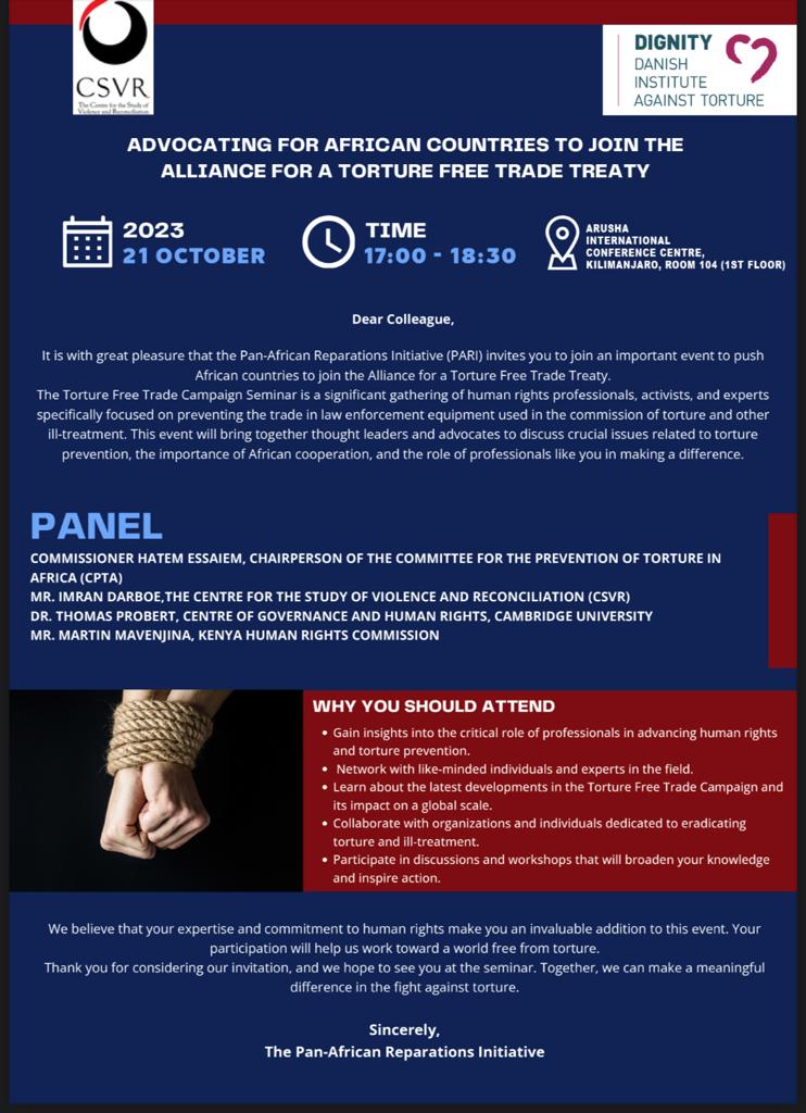 If you're in Arusha at the African Commission Open Session we invite you to attend our event  tomorrow evening at 5pm at the Arusha International conference centre on why African States need to support the campaign for a Torture-Free Trade Treaty at the UN! #Torture prevention
