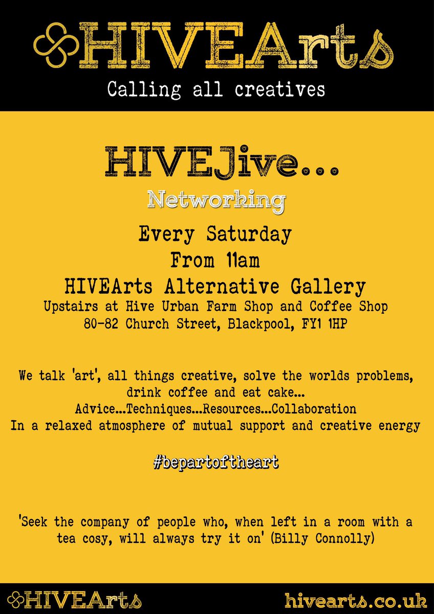 HIVEJive live networking tomorrow
At @HIVEBPL. Come and talk everything art in a friendly atmosphere and get 10% off drinks consumed upstairs as part of the HIVEArts group.  @_AuntySocial_ @bpoolsocialclub @BpoolMusicFest @FyldeArts @dmanderphoto @KateMYates #bepartoftheart