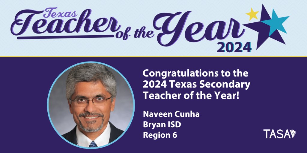 Just announced: Naveen Cunha @astrojack @BryanISD named 2024 TX Secondary Teacher of the Year! #txed #txtoy #Inspiring Leaders @escregion6 #TeachersCan