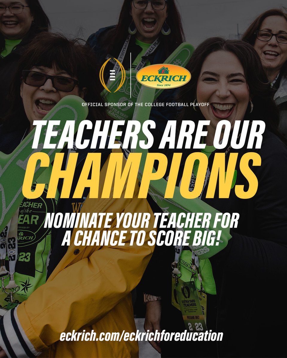 Nominate a teacher who has helped you reach your goals on and off the field for @EckrichMeats' National Teacher of The Year contest. They could win a trip of a lifetime to the College Football Playoff #NationalChampionship! Get started » Eckrich.com/eckrichforeduc… #CFBPlayoff