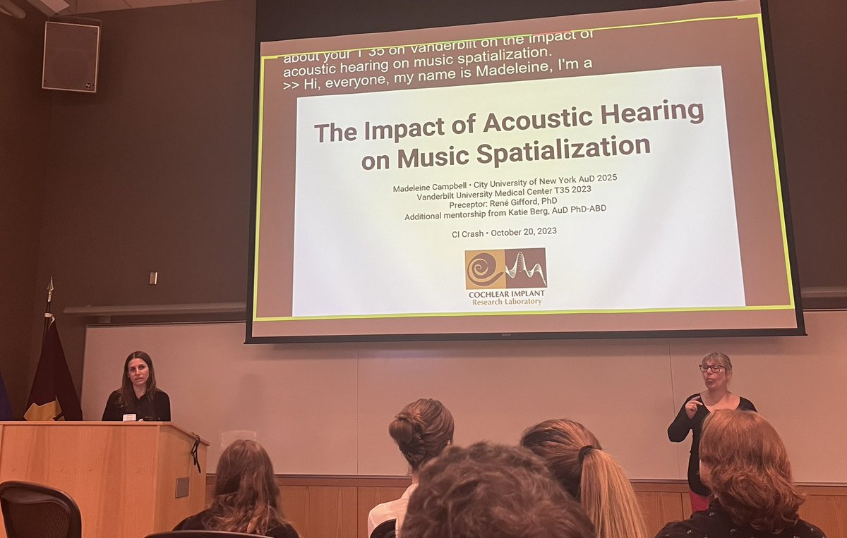 Madeleine Campbell did a fantastic job sharing her ongoing project on music spatialization abilities in #cochlearimplant users from her T-35 in the @IHEARLAB at #CRASH hosted by @UMN_CATSS!