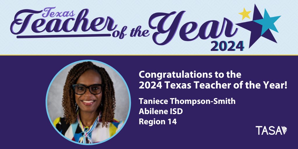 Just announced: Taniece Thompson-Smith @abileneisd named TX Elementary Teacher of the Year + will represent #txed in National Teacher of the Year competition. She's the 2024 #TXTOY! #InspiringLeaders @region14esc #TeachersCan