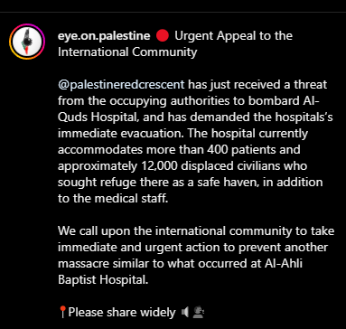 sohilamohammedd's tweet photo. @EyeonPalestine 
#Internacional #PalestinianGenocide #Palestine #GazaHospital #Gaza #freedom #FreePalestine #Palestine #InternationalCommunity https://t.co/gZ9gQUWfum