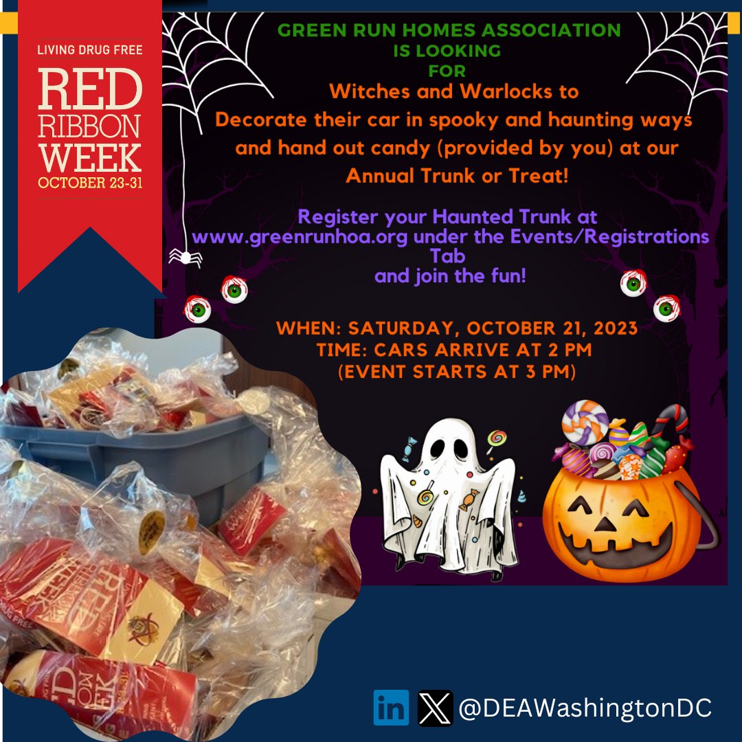 DEAWashingtonDC's tweet photo. Green Run Homes! we are ready for the Annual Trunk or Treat on Saturday, October 21. Come and say HELLO! to the #Diversion team from our Norfolk District Office. #RedRibbonWeek https://t.co/A7bzqnFQlr