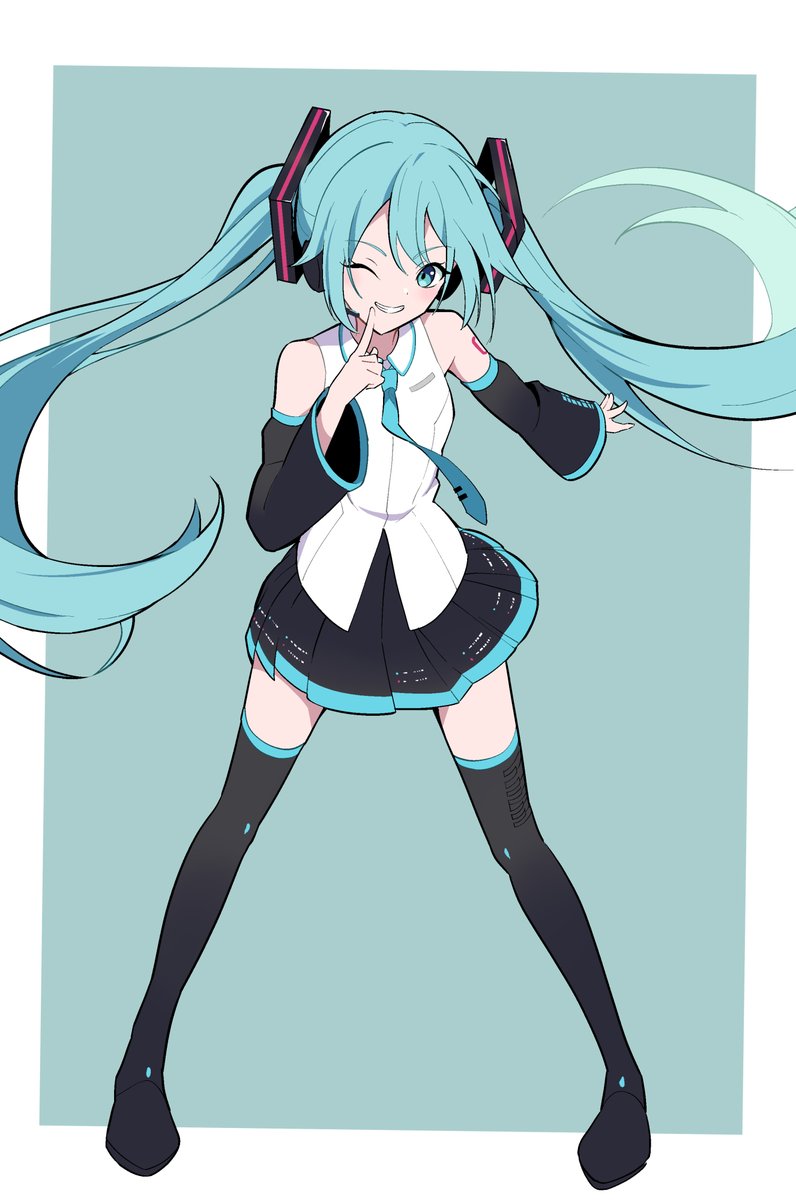 hatsune miku 1girl solo skirt long hair twintails one eye closed thighhighs  illustration images