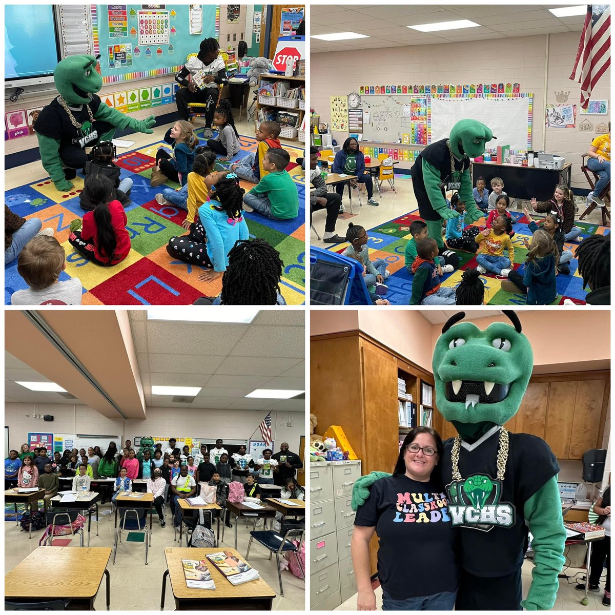 The Vipers visited the Eagle’s Nest today! Students were so excited to see the VCHS football team and to meet Venom, their mascot! Thank you for coming out today to not only meet and greet, but to read a story to some of our Eagles! 💛🦅💚