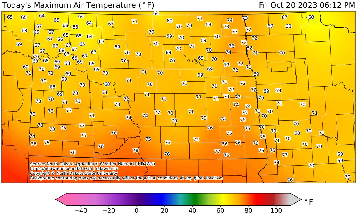 DarylRitchison's tweet photo. Almost everyone around 70˚ today.  About as nice of an October 20th as we'll ever get.  It was great one.  #ndwx #mnwx #mtwx https://t.co/jjgzp3zRJJ