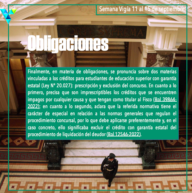 ProyectoVigia's tweet photo. Terminamos la Semana Vigía

En materia de obligaciones,  la Corte Suprema se pronuncia sobre dos materias vinculadas a los créditos para estudiantes de educación superior con garantía estatal (Ley Nº 20.027): prescripción y exclusión del concurso. https://t.co/wG6ZjExPSZ
