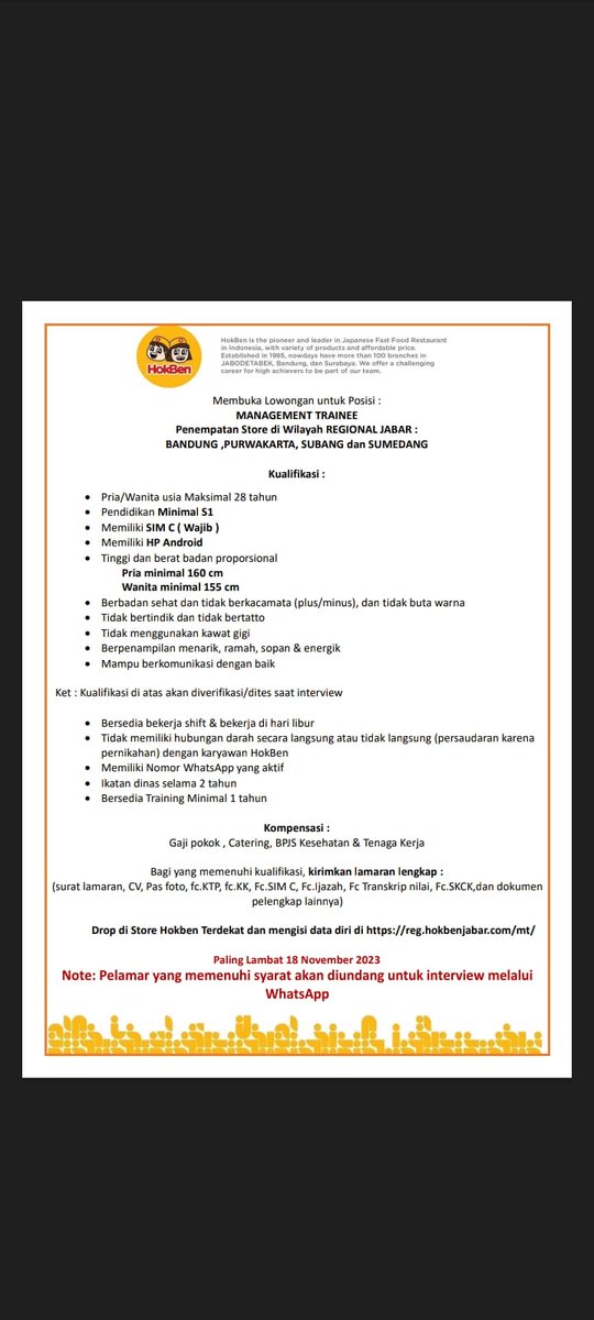 Loker di hokben Bandung dan Jabar: