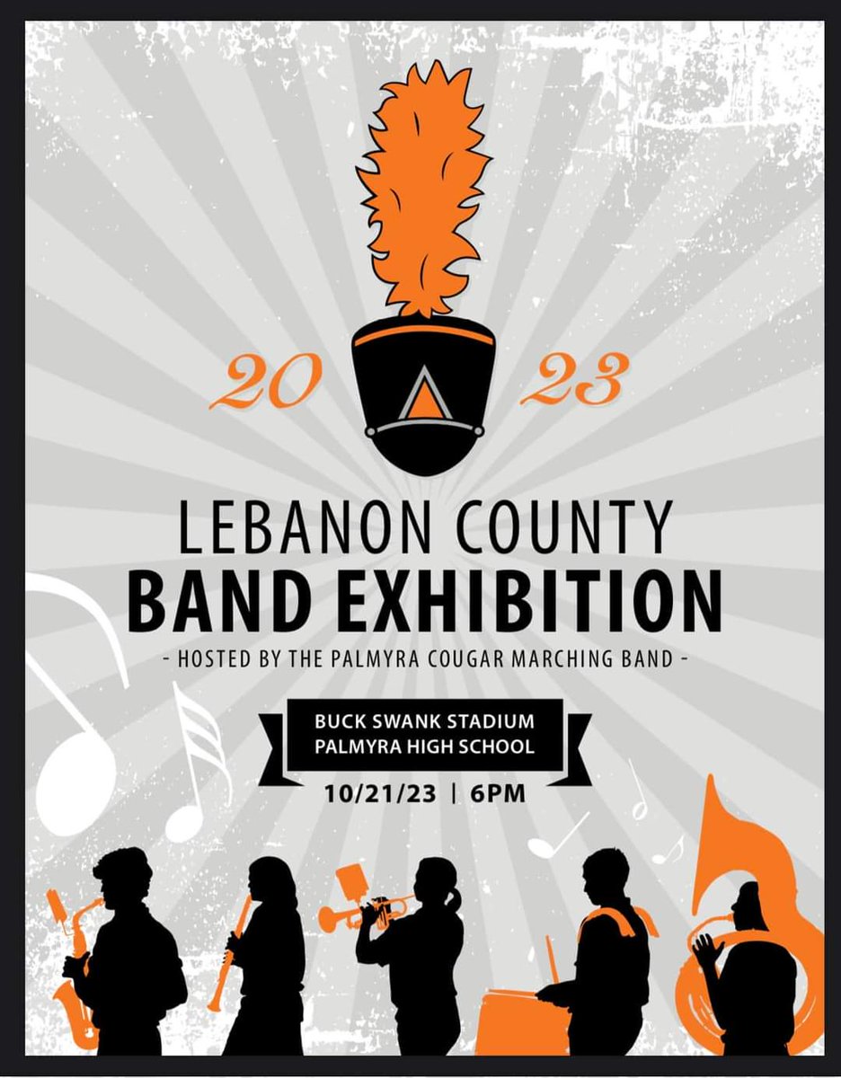 PalmyraHSBand's tweet photo. Tomorrow is exhibition day! Gates open at 5pm. Our MS band will kick off the night with the National Anthem, followed by performances from all six county schools, Milton Hershey, and LVC. @chelsie_spotts @PAHSCougarBand @MrWPopejoy @PalmyraAreaHS @PalmyraSchools #ThisIsPalmyra https://t.co/vGJCTfxdlt