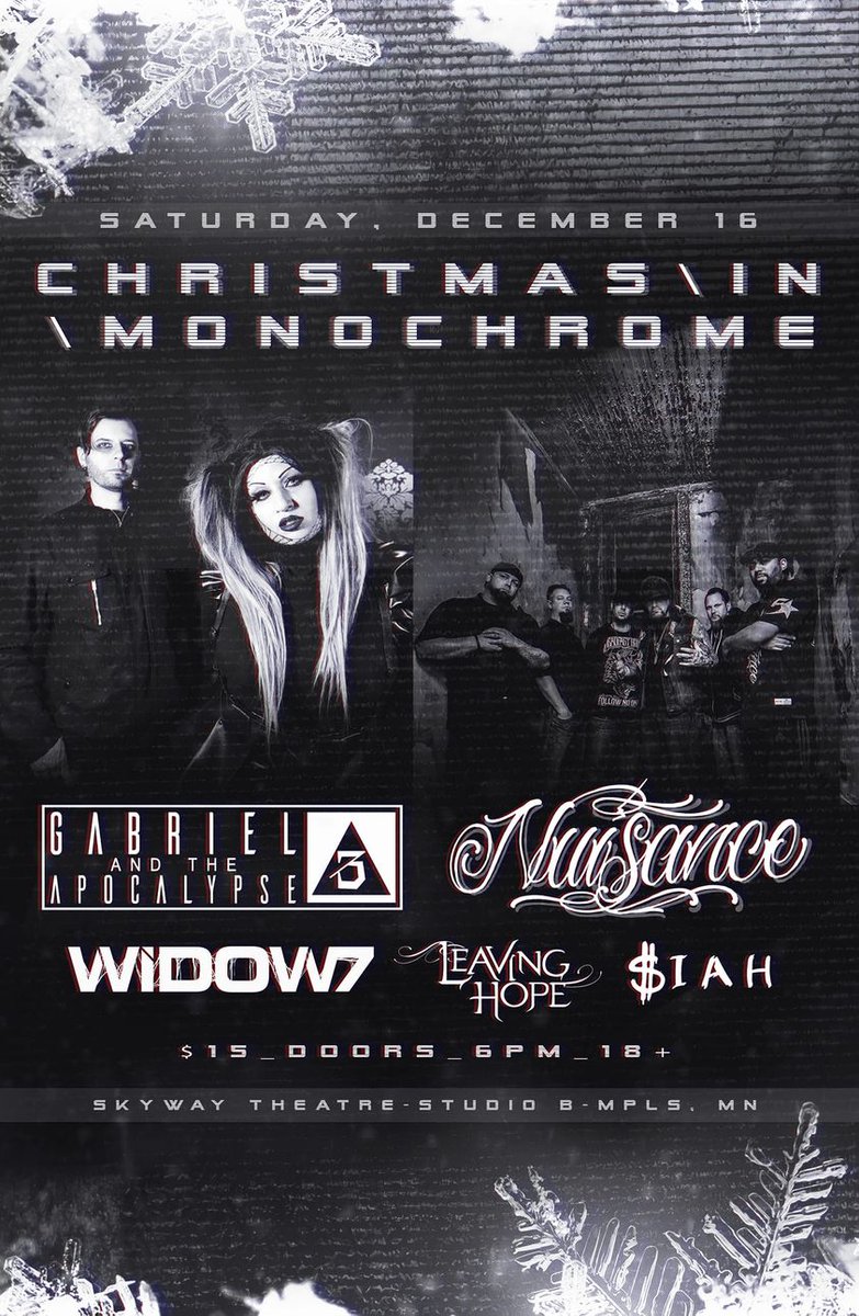 We are pumped to announce our home town bash with a stacked lineup, Saturday December 16th at SkywayTheater StudioB! This will be one for the books! More information and event page to follow.

#getdragged #gabrielandtheapocalypse #nuisance #widow7