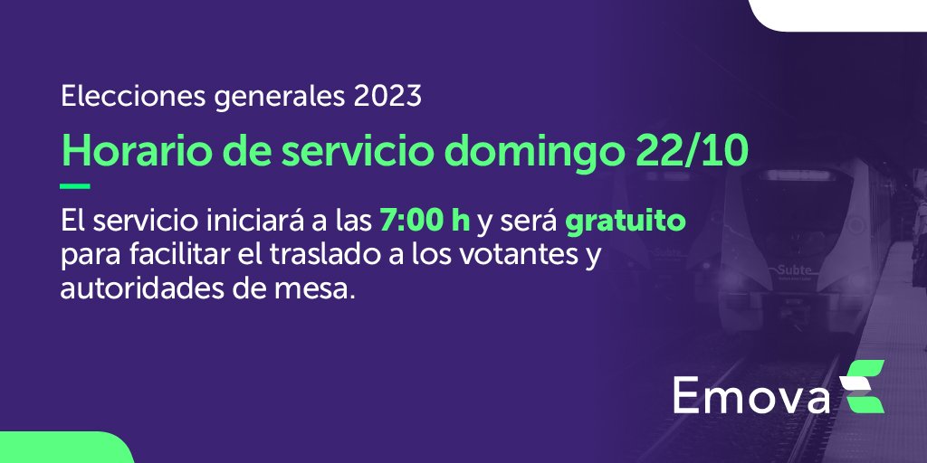 solotransito's tweet image. #Subtes El domingo 22 de octubre el servicio iniciará a las 7:00 horas y será gratuito para facilitar el traslado a los votantes y autoridades de mesa. Via @Emova_arg