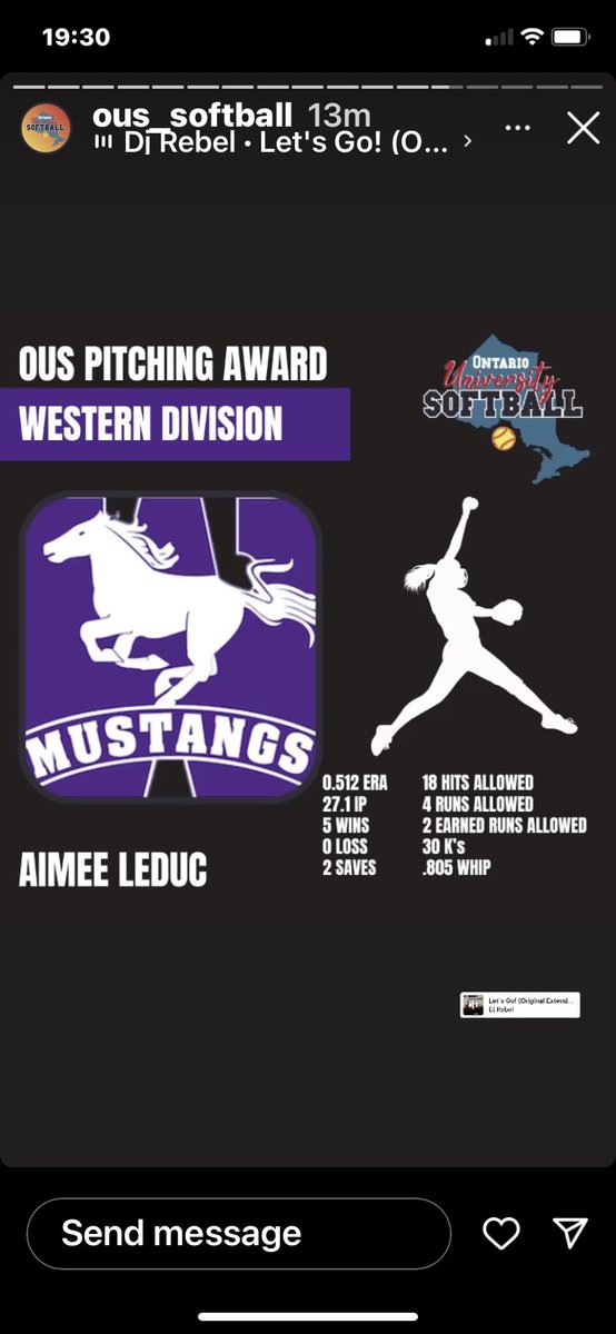 Congratulations Aimee - OUS Top Pitcher, Western Division. @WesternMustangs #RunWithUs